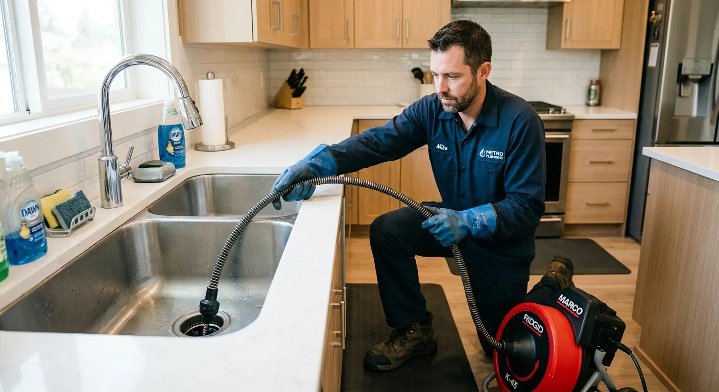 Drain cleaning technician using a motorized snake on a kitchen sink in Senatobia