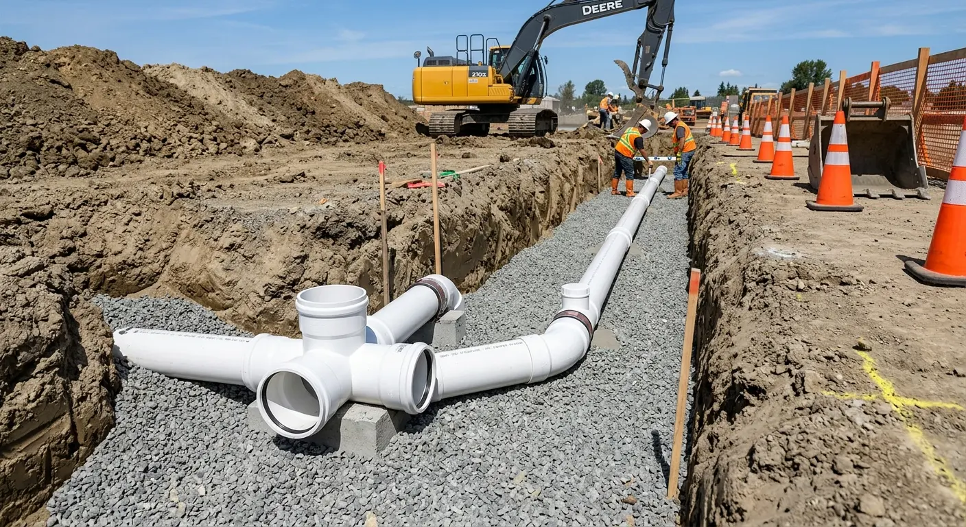 New PVC sewer pipe installation in open trench for Sewer Backup in Senatobia