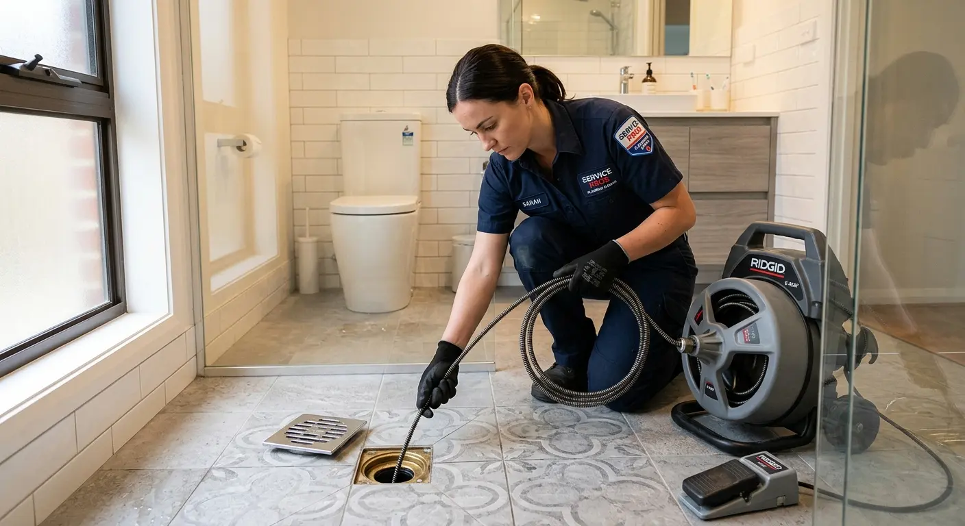 Technician clearing a bathroom floor drain for Drain Cleaning in Senatobia